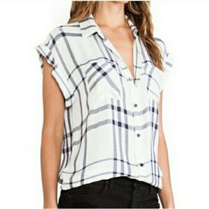 7 for All Mankind Button Up Plaid Cuffed Short Sleeve Top